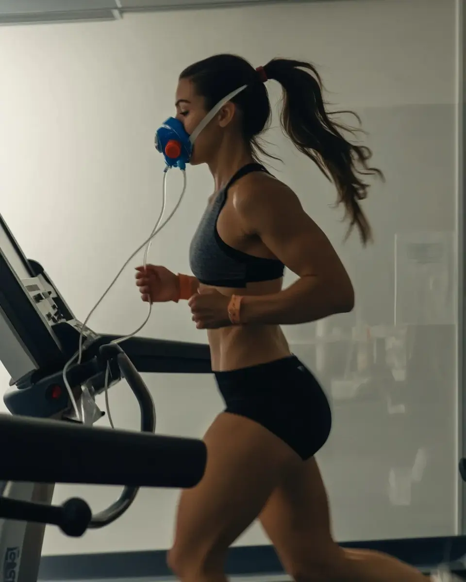Mujer realizando prueba de capacidad aeróbica VO2 máximo con máscara de análisis de gases